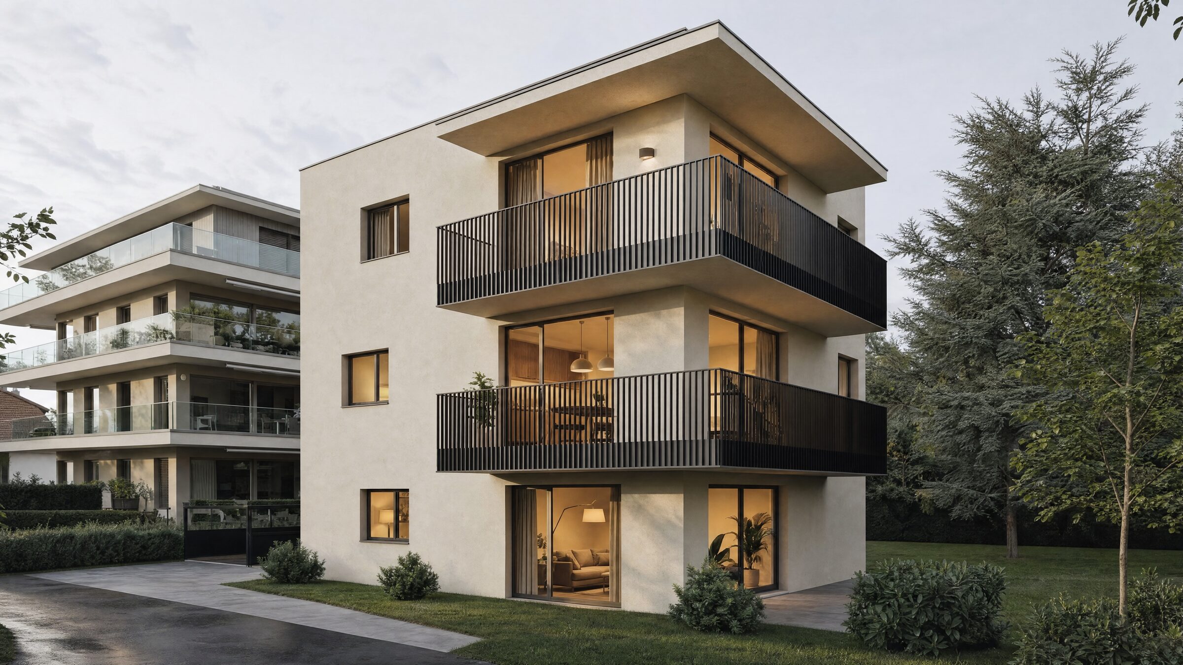 Résidence du Cèdre - façade rue au crépuscule, balcons éclairés