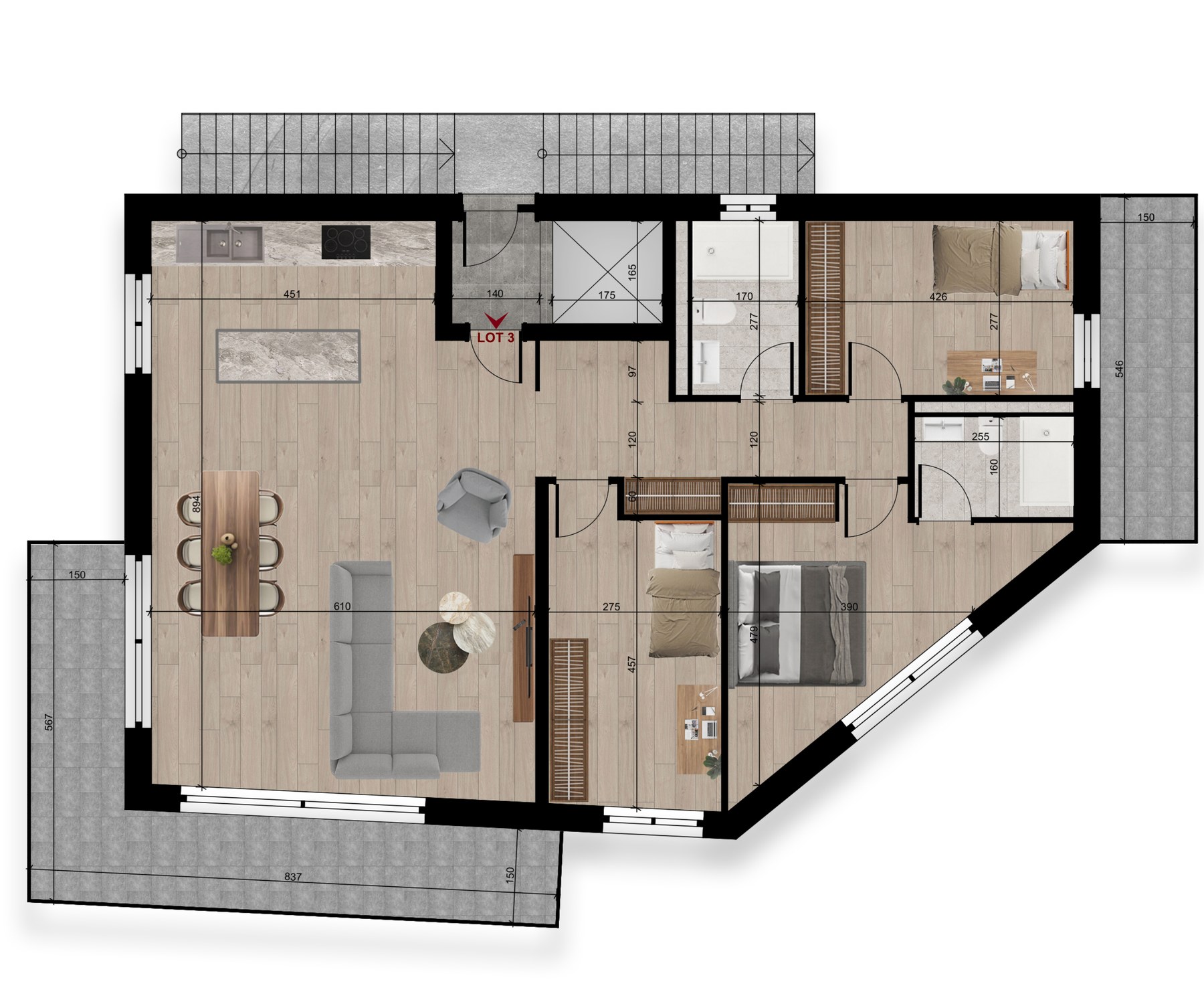 Plan 3D du Lot 3 - 4,5 pièces 1er étage