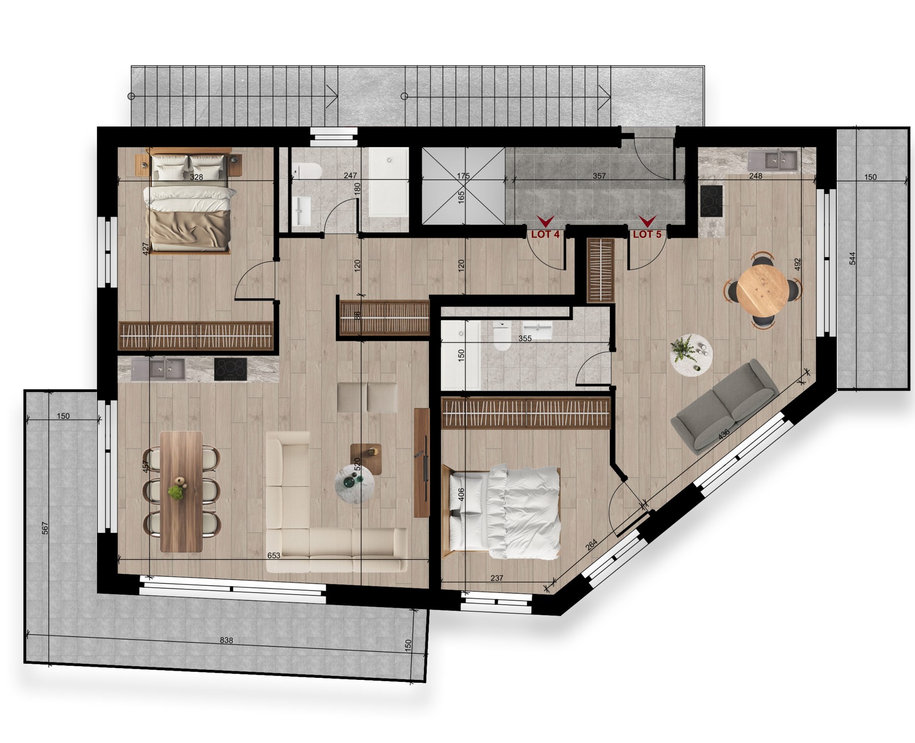 Plan 3D du Lot 4 - 2,5 pièces 2e étage